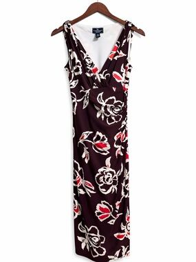 American Living Burgundy Floral Midi Dress with White and Red Accents